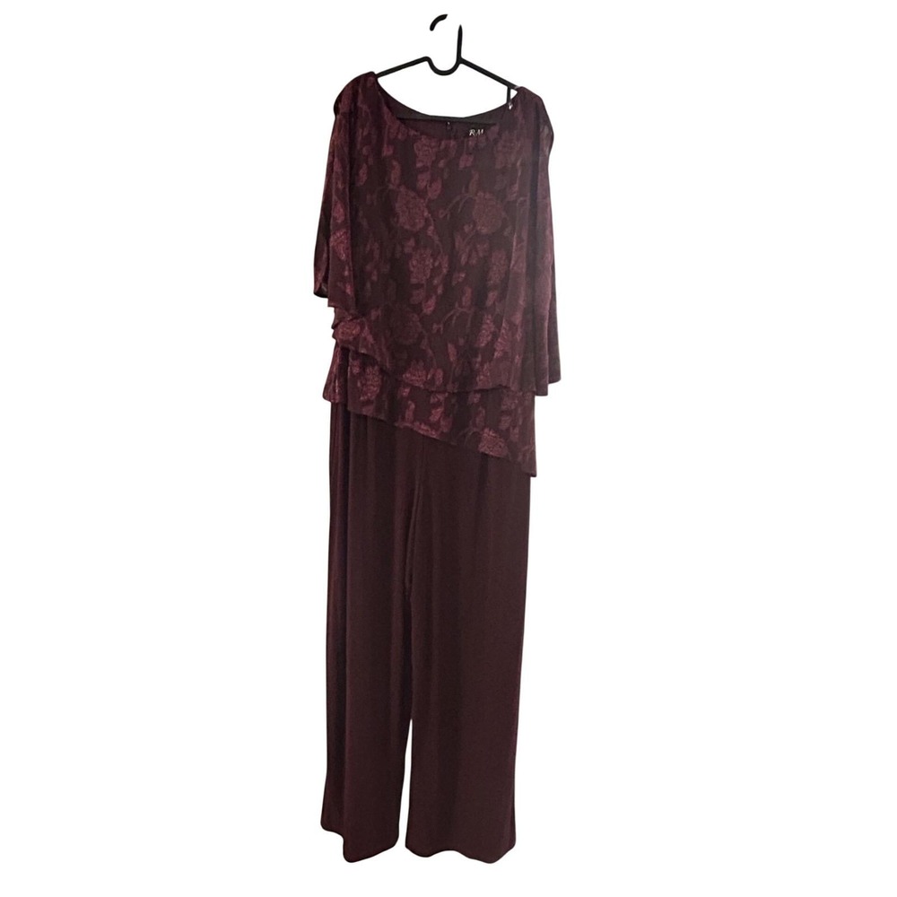 R&M Richards Premium Formal Jumpsuit Womens 18W Wine NWT Floral Lace Overlay - Picture 2 of 16
